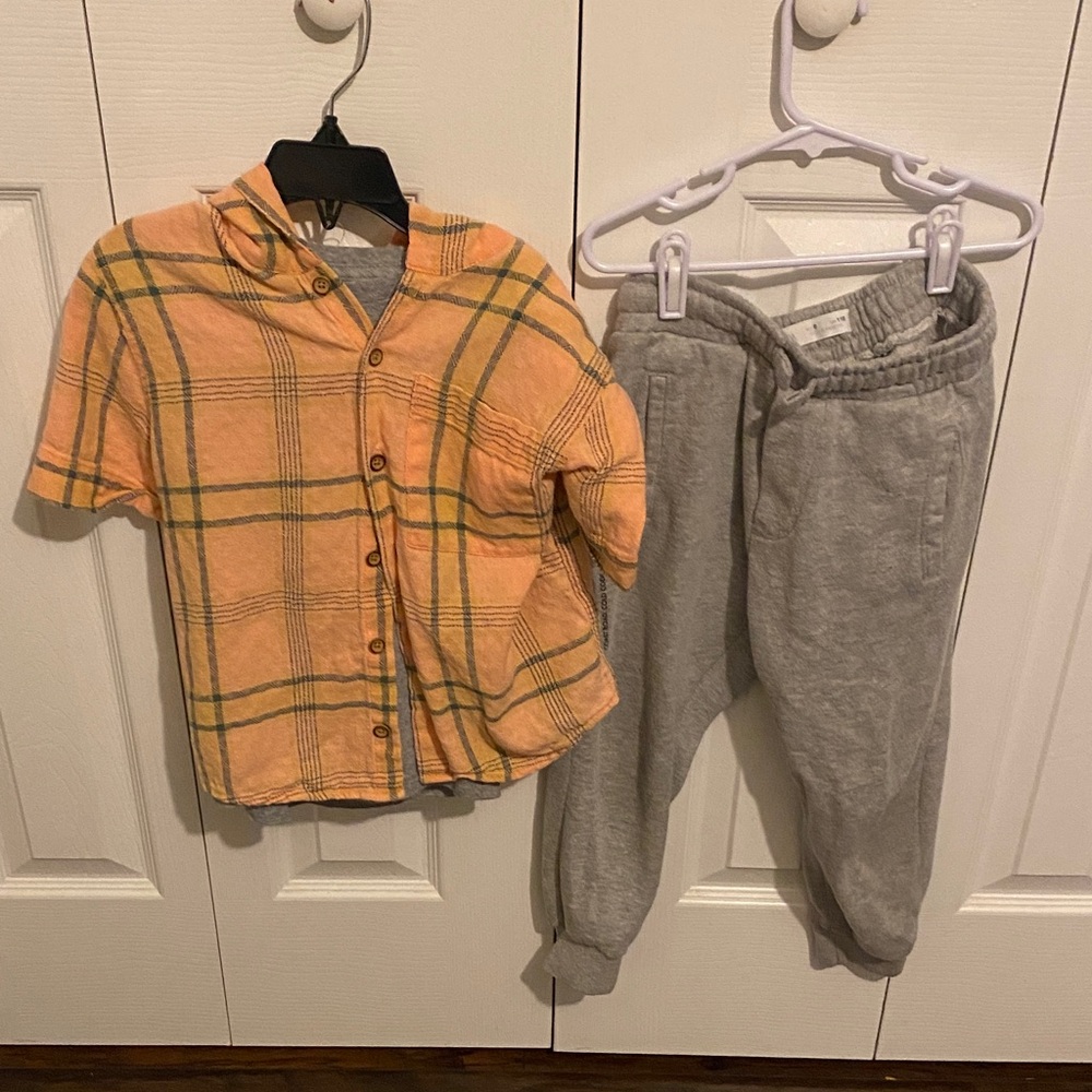Zara Kids Orange Plaid Shirt and Gray Pants Set